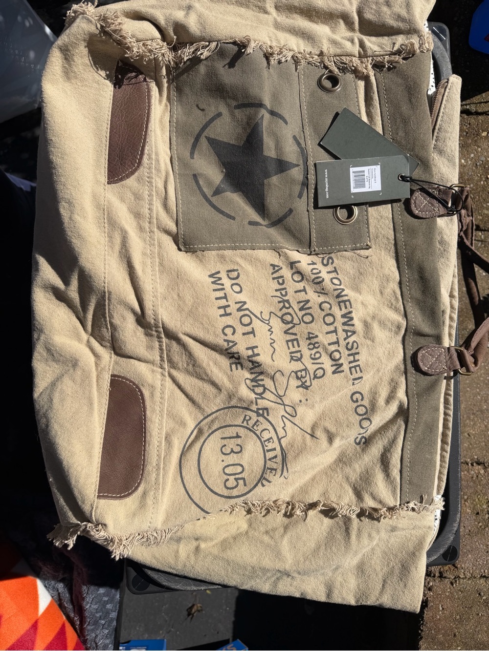 Myra Bag Tan Canvas Tote with Military Star Graphic